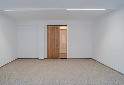 Leerer Raum mit Teppichboden, einer modernen Holztür und integrierter Deckenbeleuchtung.