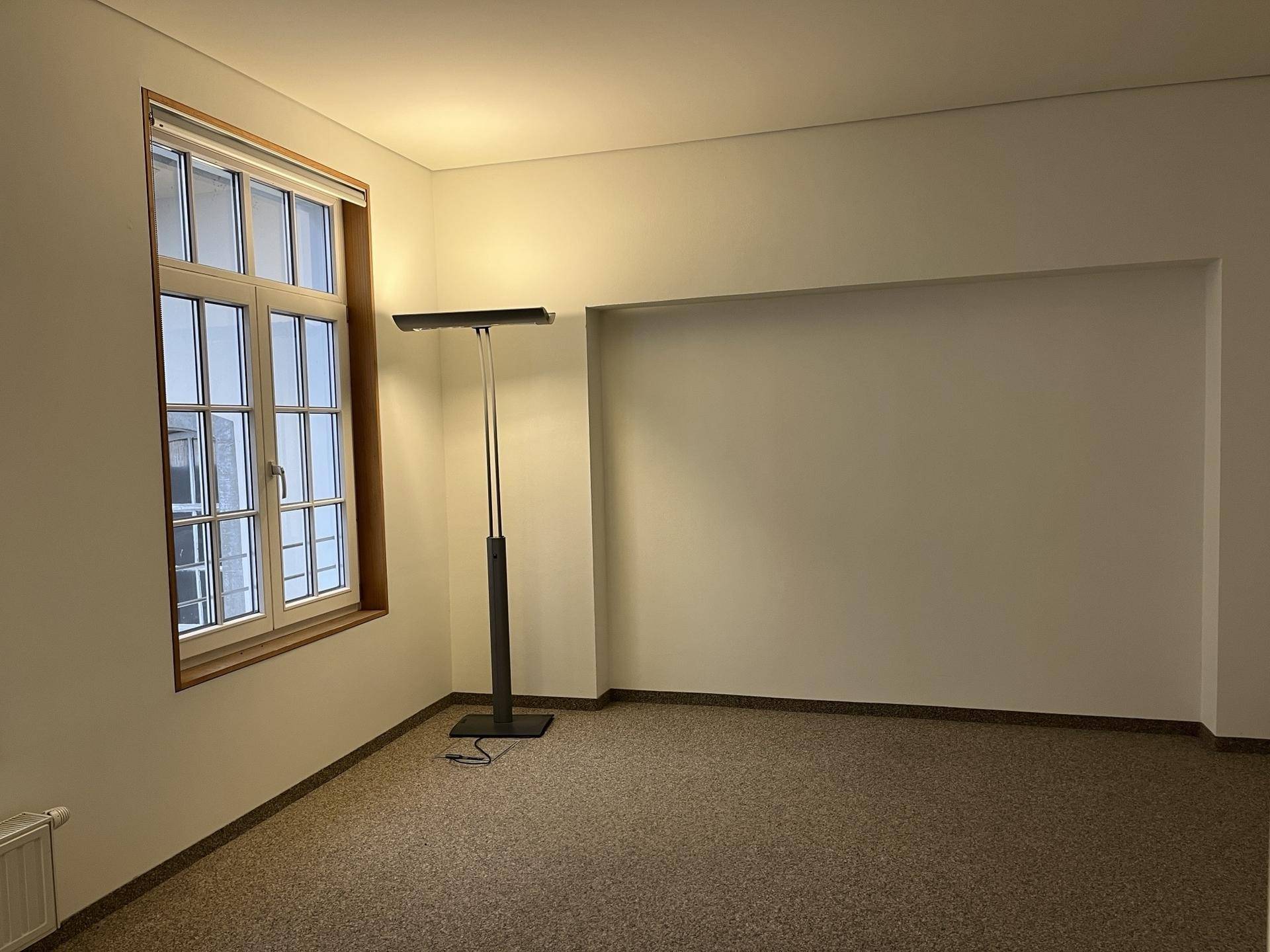 Heller, leerer Raum mit Teppichboden, einem Fenster und einer modernen Stehleuchte.