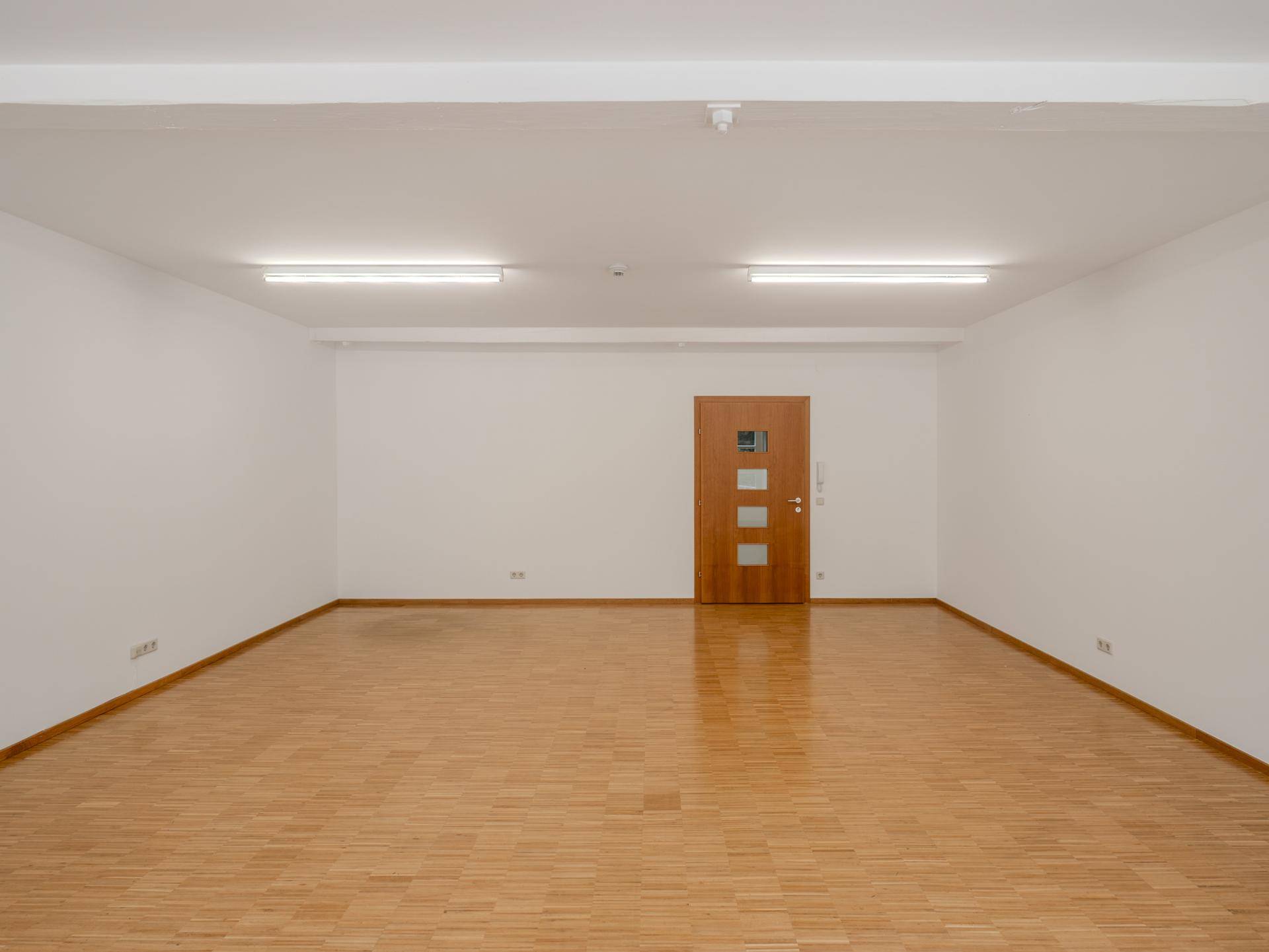 Heller, leerer Raum mit Parkettboden und einer modernen Holztür, bereit zur individuellen Gestaltung.