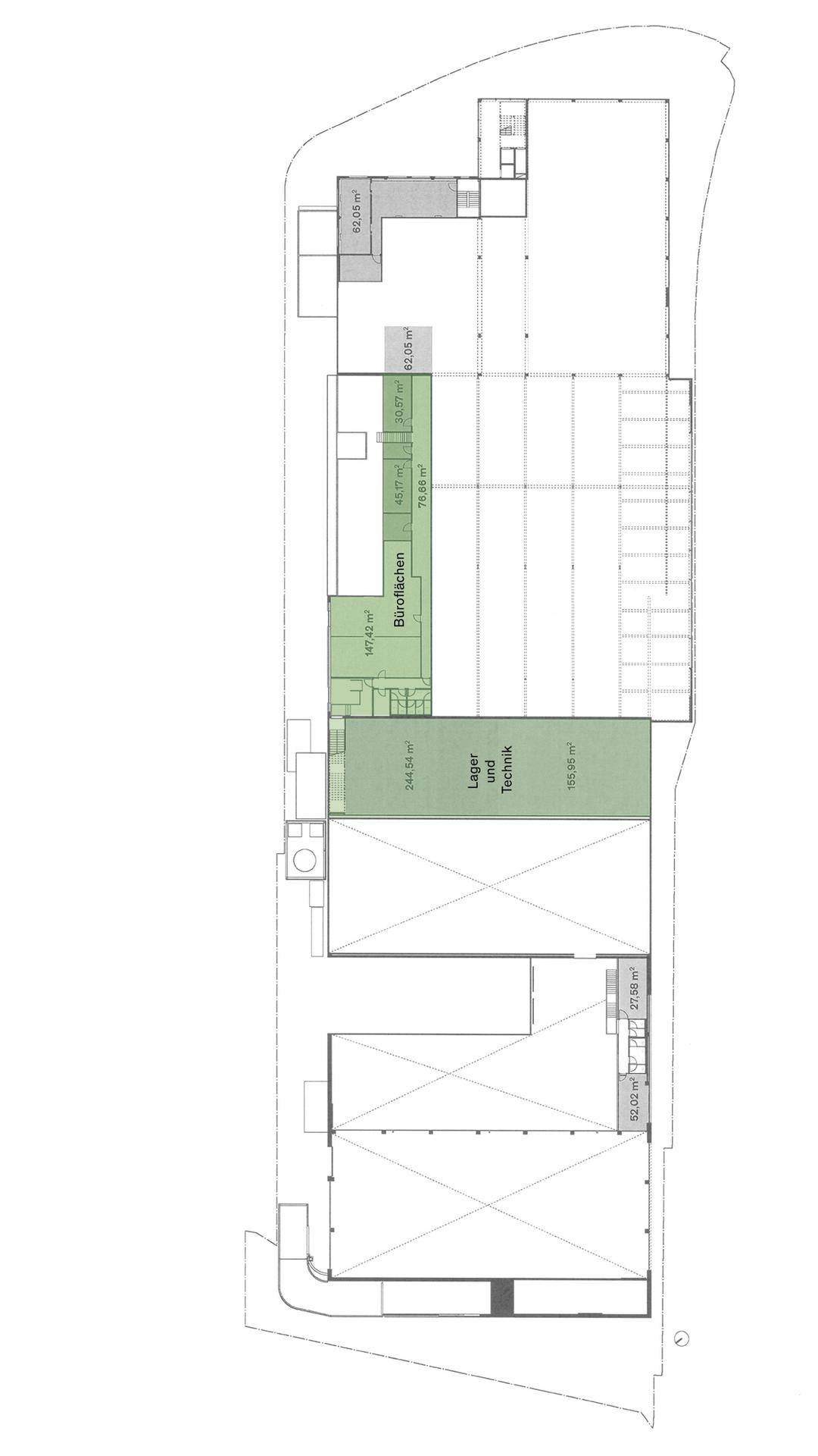 Übersichtlicher Grundrissplan einer Etage mit Lager- und Technikbereichen sowie Büroräumen für effiziente Nutzung.