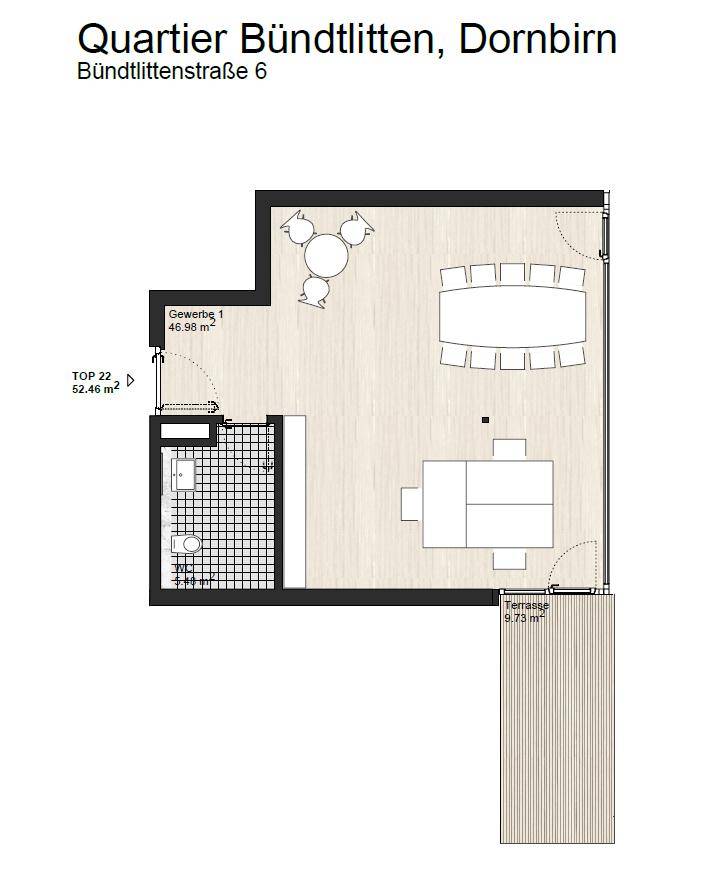 Grundriss einer Gewerbeeinheit mit offenem Layout, separatem WC und einer großzügigen Terrasse für Außenaktivitäten.
