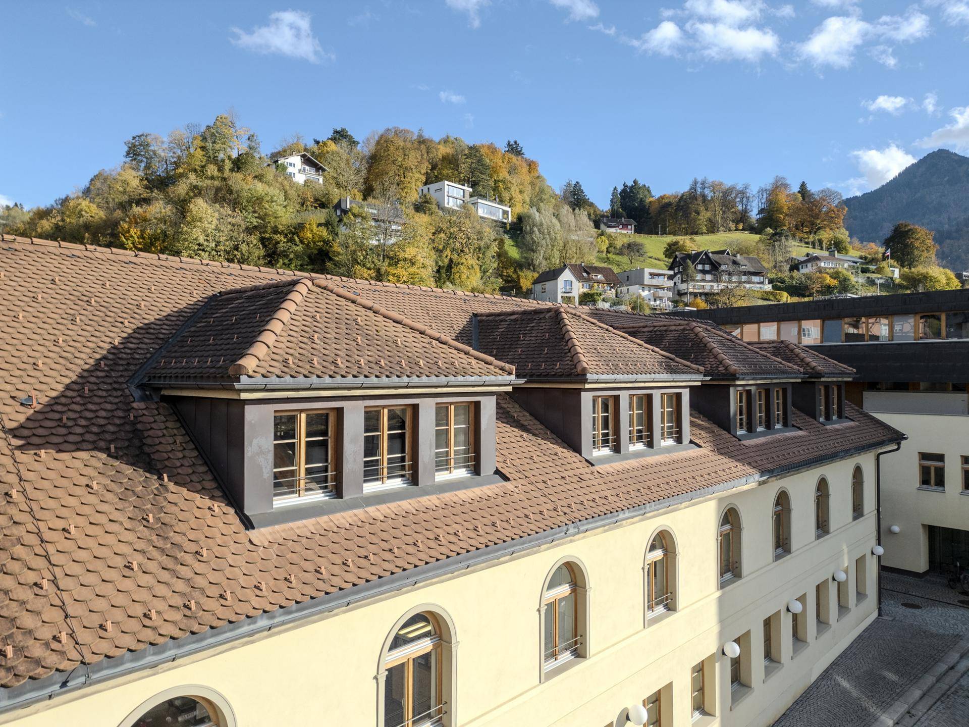 Dachansicht eines charmanten Gebäudes mit mehreren Gaubenfenstern und einer malerischen Hügellandschaft im Hintergrund.