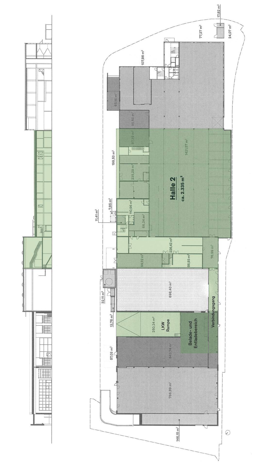 Detaillierter Grundrissplan einer Industrieanlage mit verschiedenen Hallen und Funktionsbereichen für Logistik.