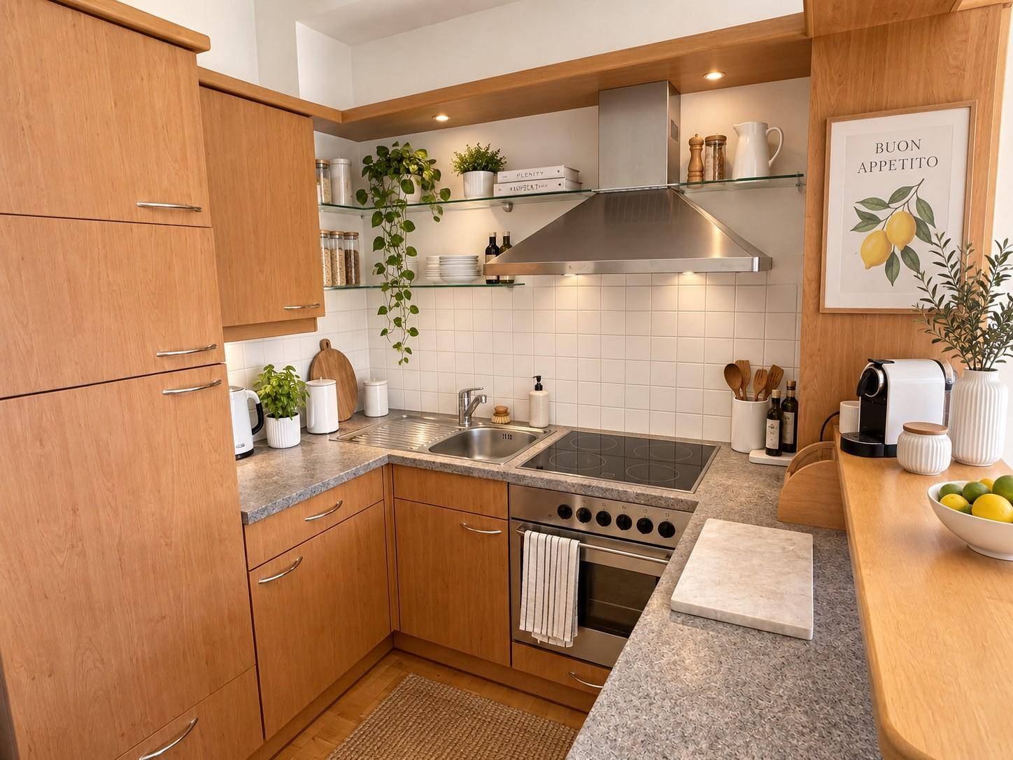 Funktionale Holzküche mit modernen Geräten, Fliesenrückwand und ausreichend Arbeitsfläche.