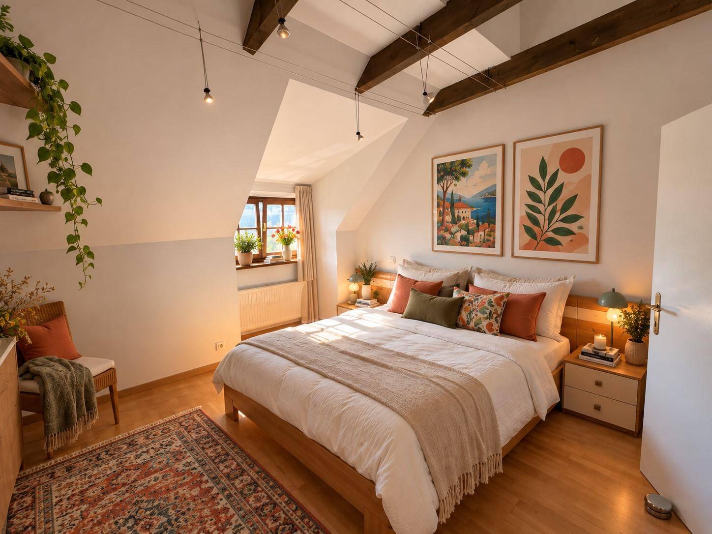 Gemütliches Schlafzimmer im Dachgeschoss mit Doppelbett, sichtbaren Holzbalken und schrägen Decken.