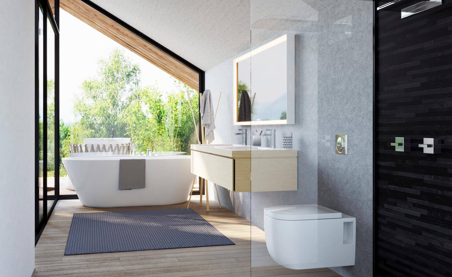 Luxuriöses Badezimmer mit freistehender Badewanne, großer Dusche und viel Tageslicht.