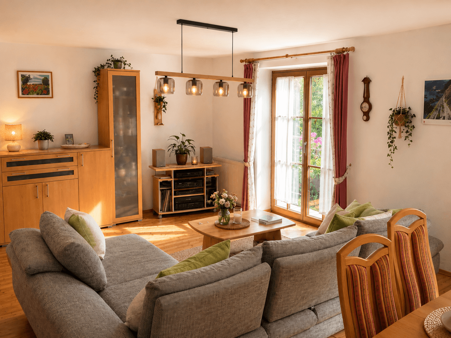 Helles Wohnzimmer mit großem Ecksofa, Holzboden und Zugang zum Garten durch die Fenstertür.