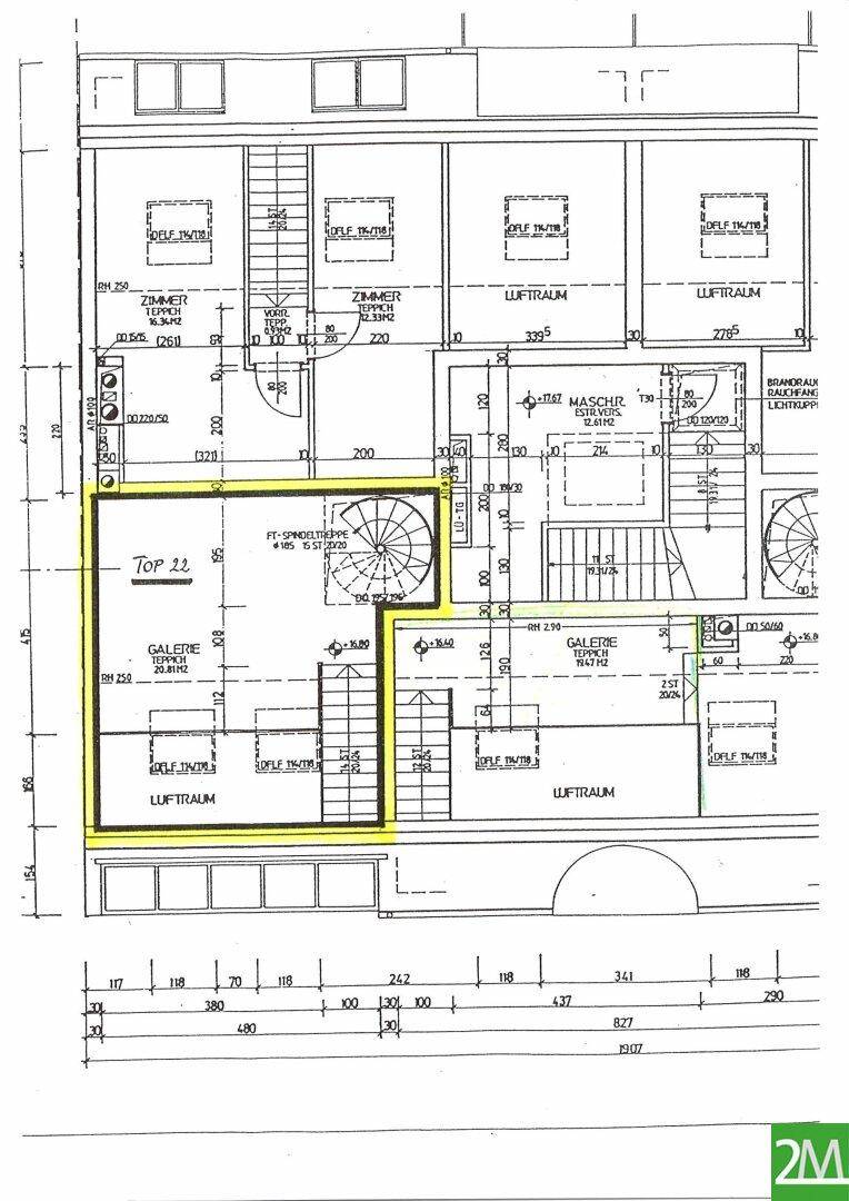 Grundriss des mittleren Geschosses mit Galerie, Zimmern und Treppenhaus, hervorgehoben in Gelb.