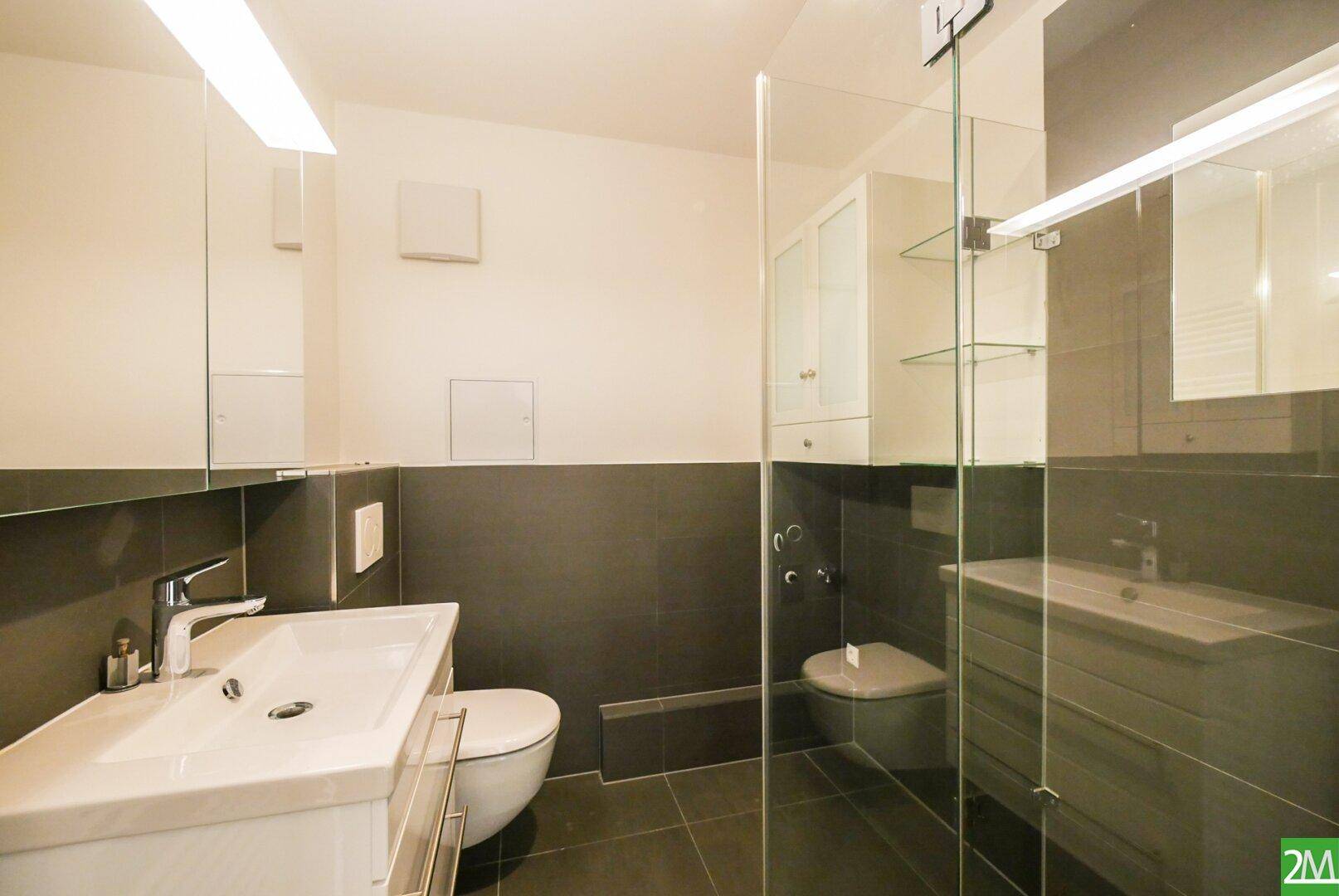 Modernes Badezimmer mit dunklen Fliesen, Waschtisch und wandhängendem WC, durch Glas abgetrennte Dusche.