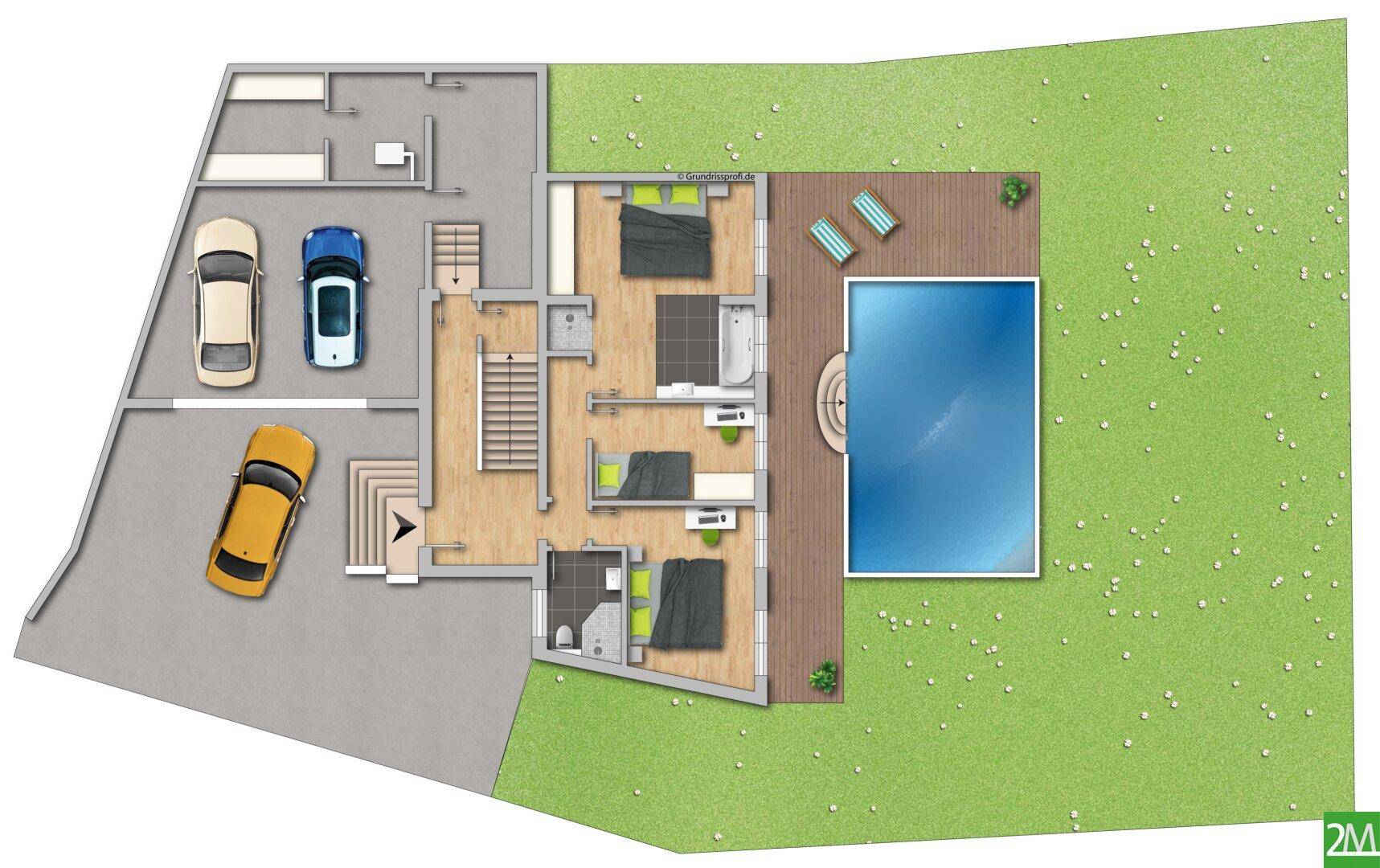 Grundriss des Erdgeschosses mit drei Schlafzimmern, Bädern, Pool und Garage.