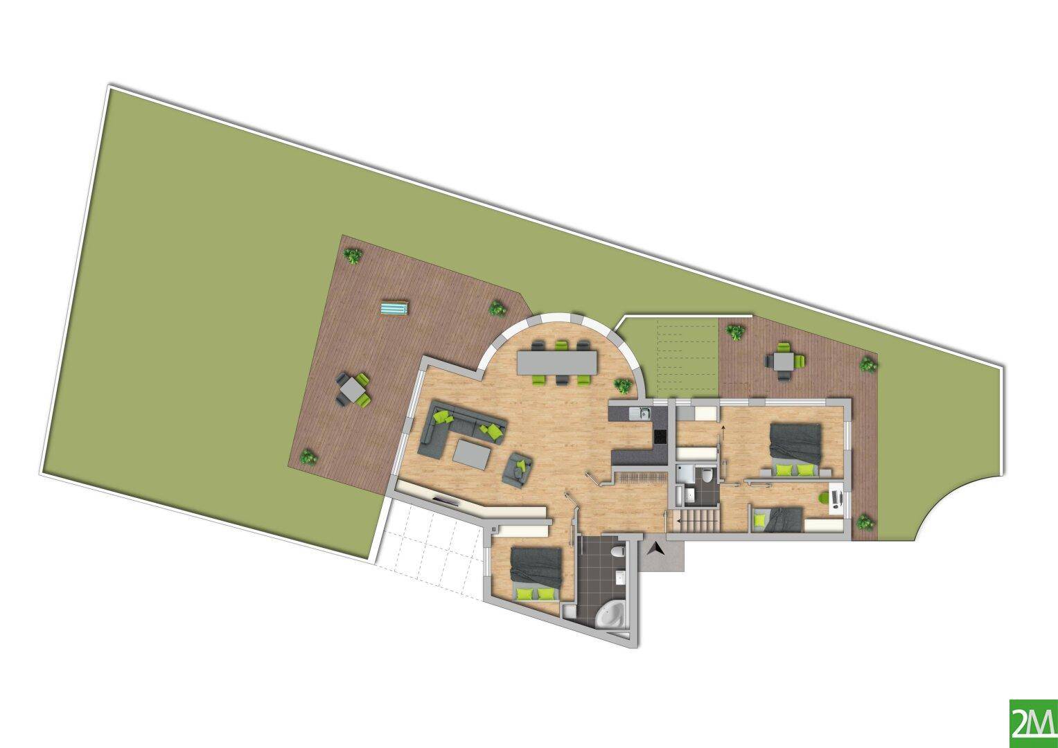 Detaillierter Grundriss einer Wohnung mit offenem Wohnbereich, Schlafzimmern und Terrassen.