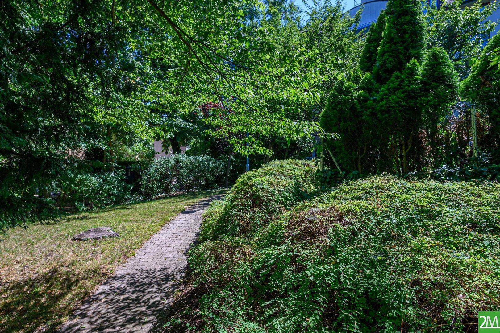 Gartenweg führt durch eine grüne Landschaft mit Sträuchern und Bäumen.