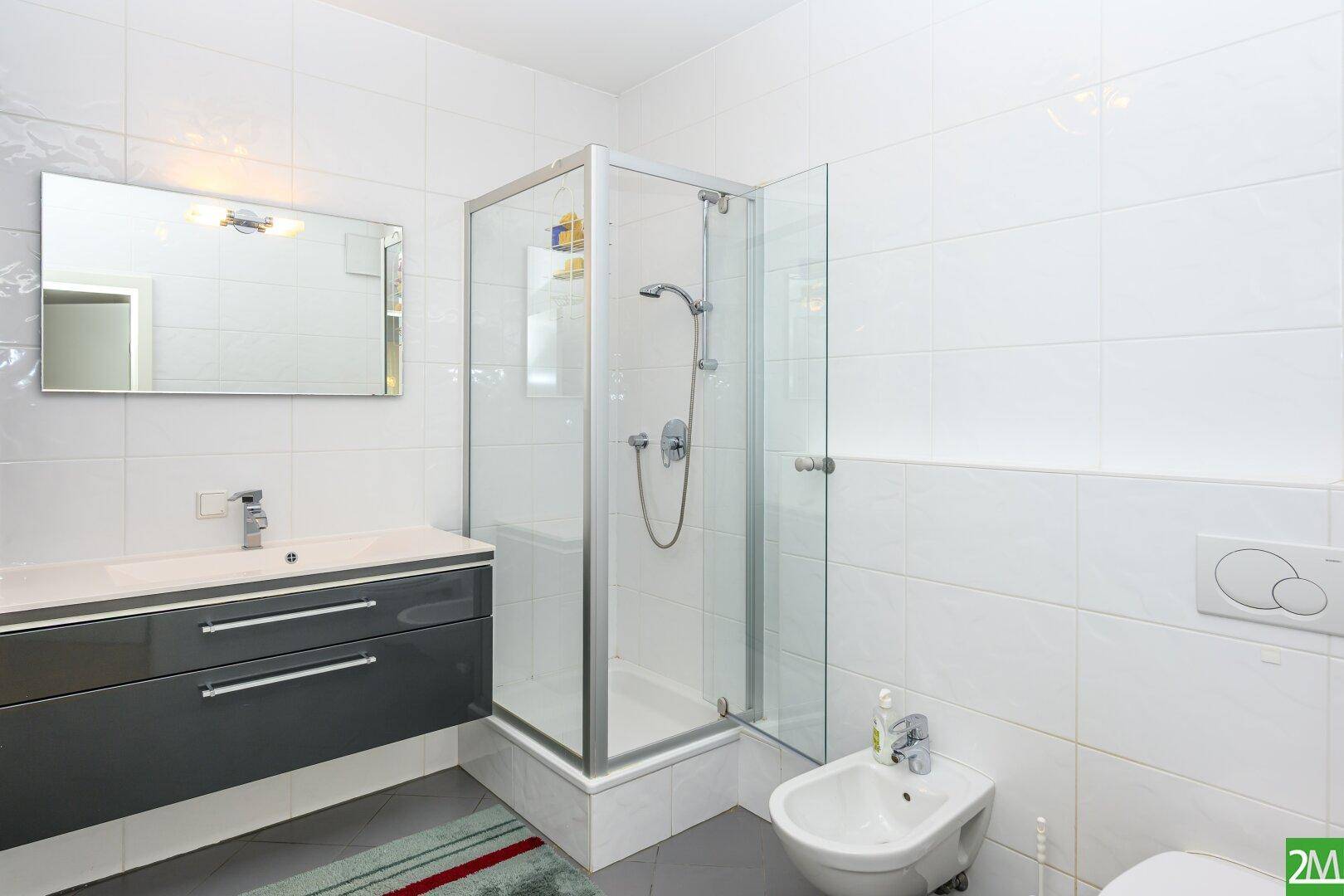 Modernes Badezimmer mit Duschkabine, Bidet, Waschbecken und großem Spiegel.
