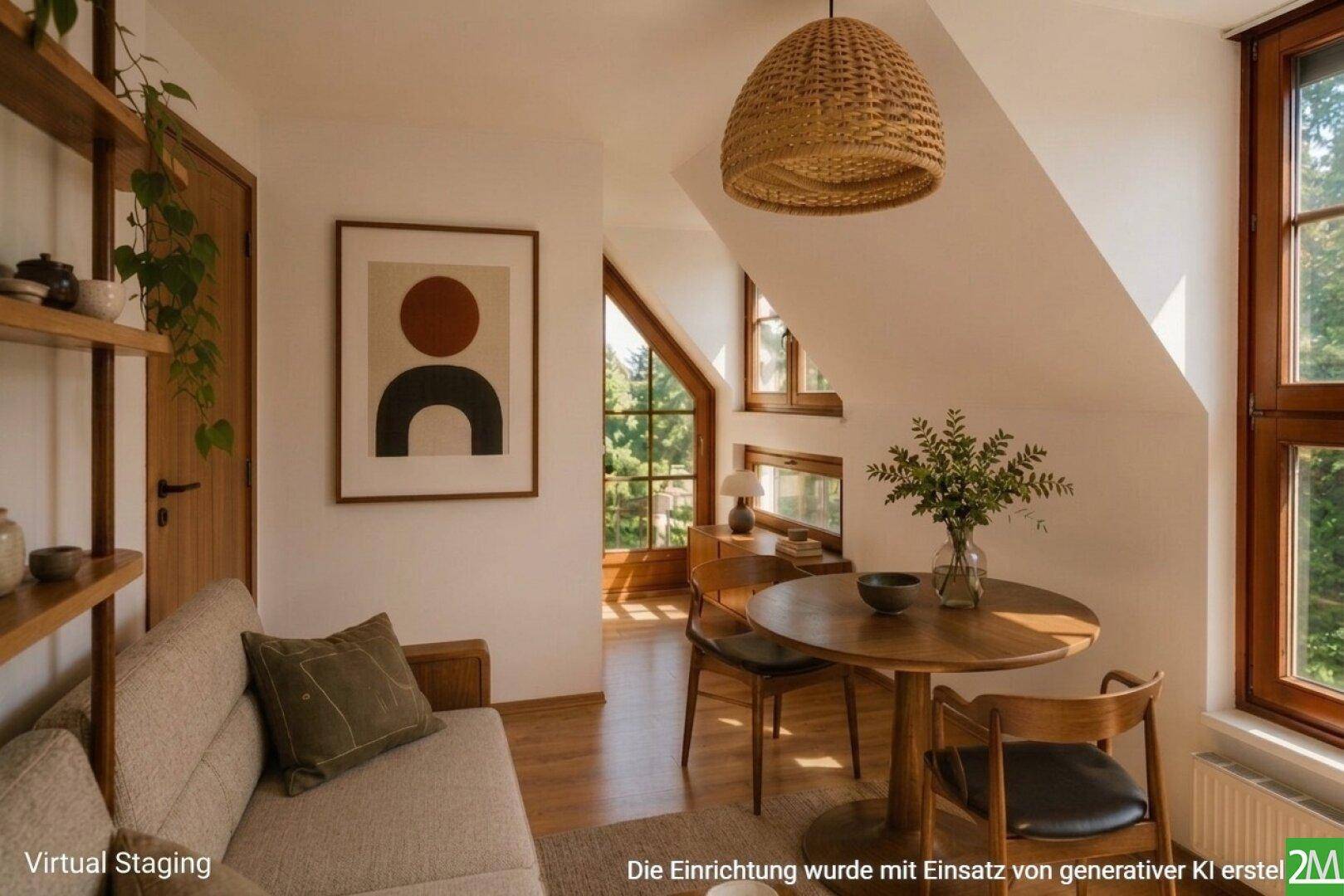 Gemütlicher Wohn-Essbereich im Dachgeschoss mit Holzboden und schrägen Wänden.
