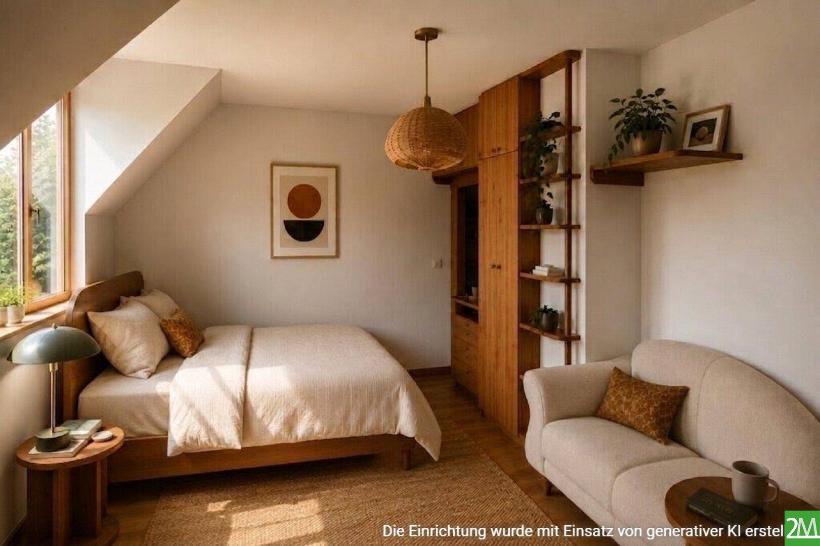 Helles Schlafzimmer im Dachgeschoss mit Holzbett, Sofa und integrierten Regalen.