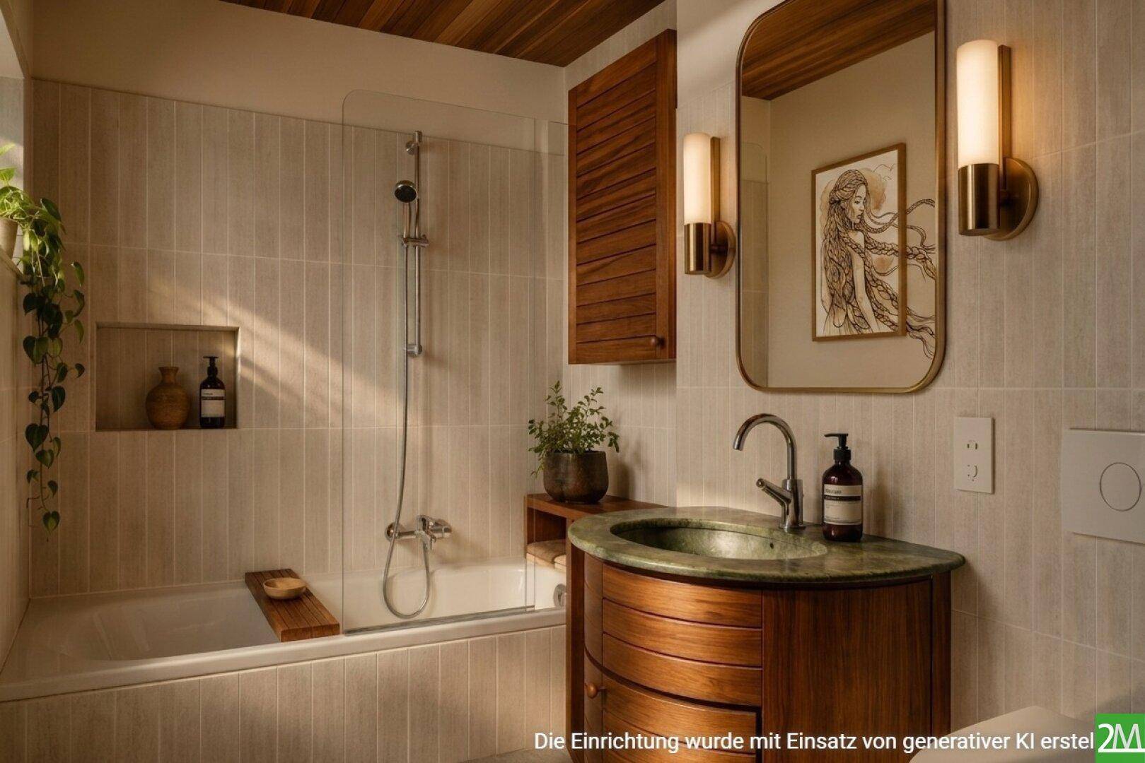 Modernes Badezimmer mit Badewanne, Holzwaschtisch und stilvollen Wandleuchten.