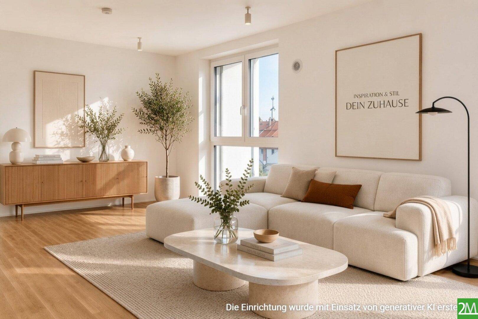 Modernes, helles Wohnzimmer mit großem Sofa, Holzboden und viel Tageslicht.