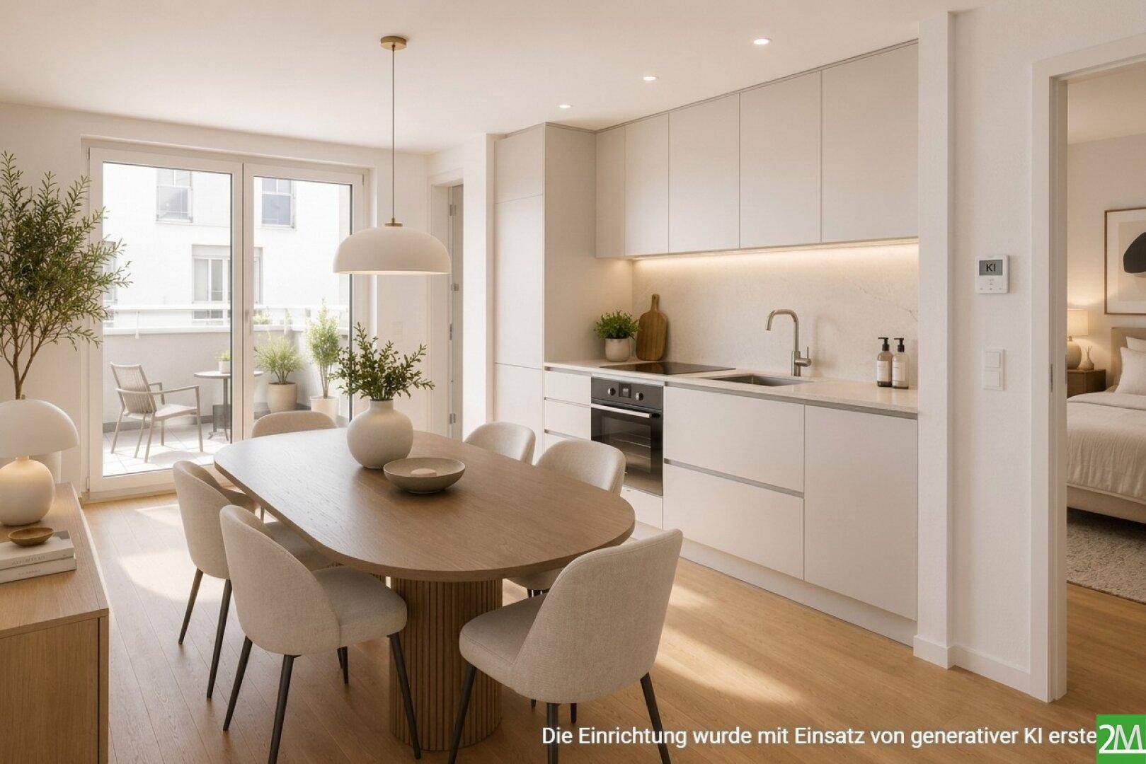 Moderne Küche mit Essbereich, weißen Schränken und Zugang zu einem Balkon.