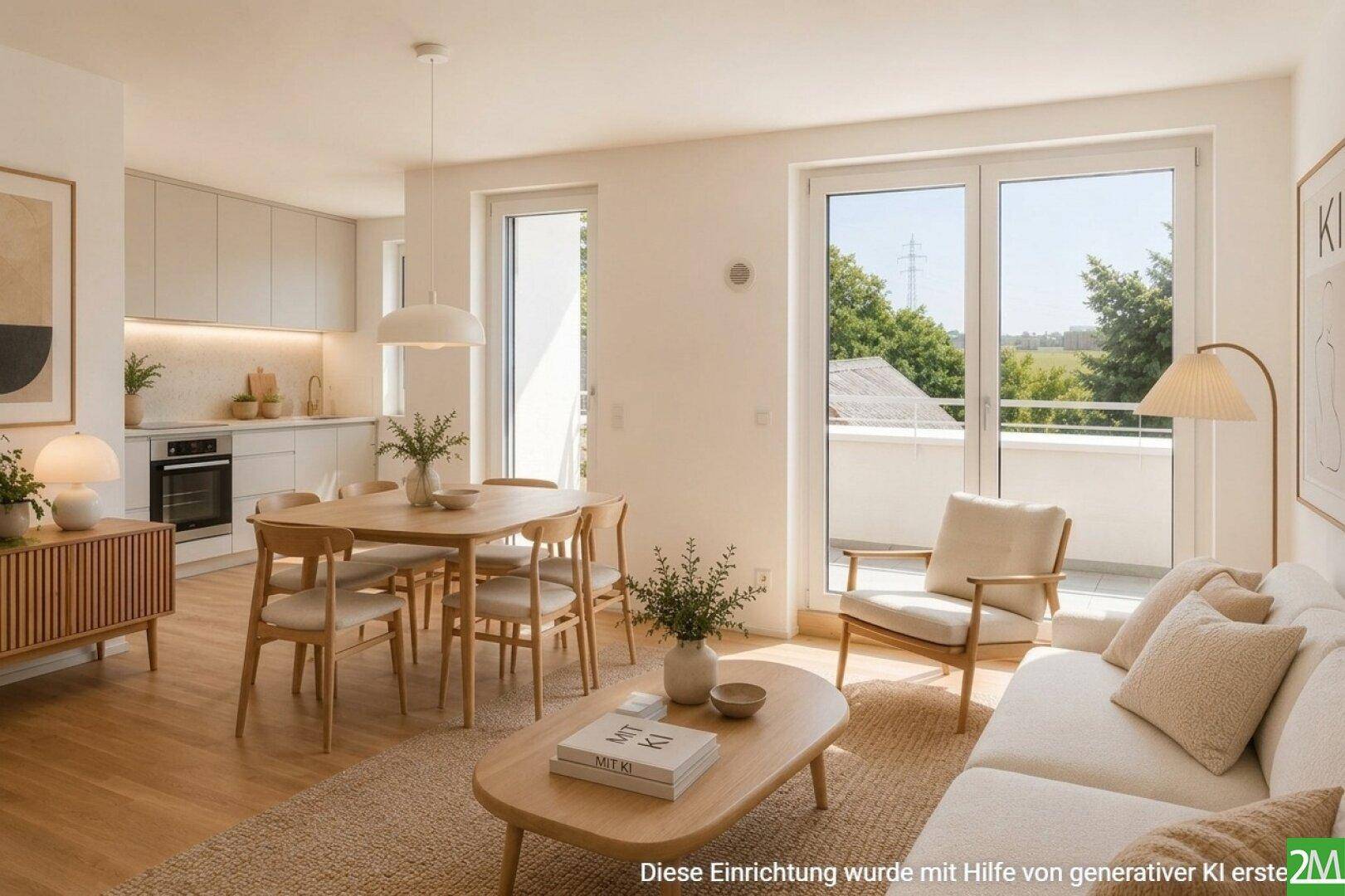 Heller offener Wohn-Essbereich mit integrierter moderner Küche und Zugang zur Terrasse.