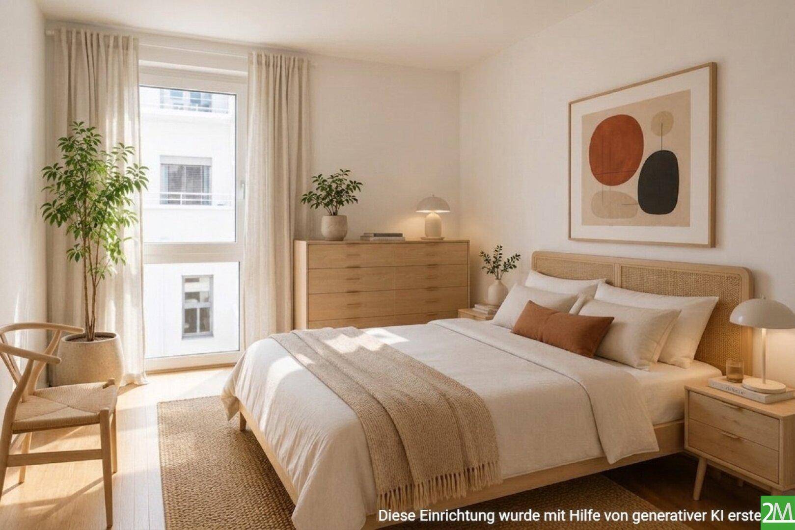 Gemütliches Schlafzimmer mit hellem Holzbett, modernen Möbeln und viel Tageslicht.