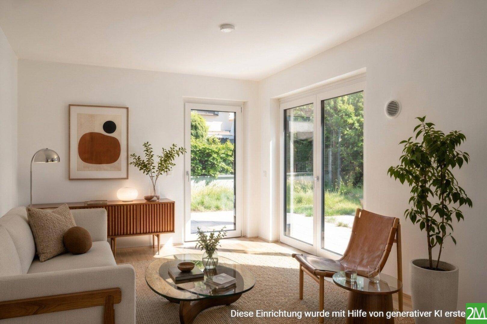 Helles Wohnzimmer mit modernen Möbeln, großen Fenstern und direktem Zugang zum grünen Außenbereich.
