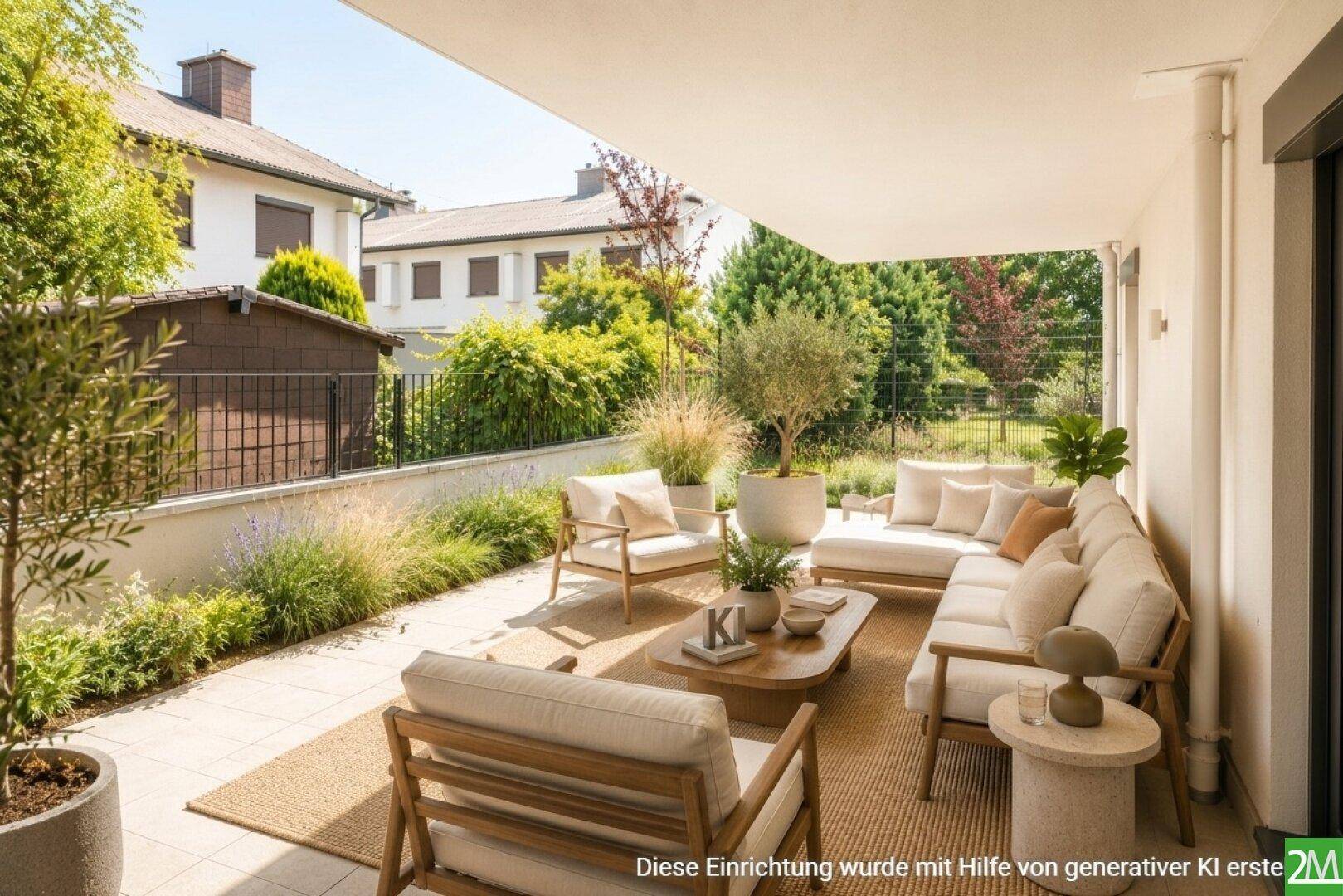 Einladende Terrasse mit bequemen Lounge-Möbeln und üppiger Bepflanzung für entspannte Stunden im Freien.