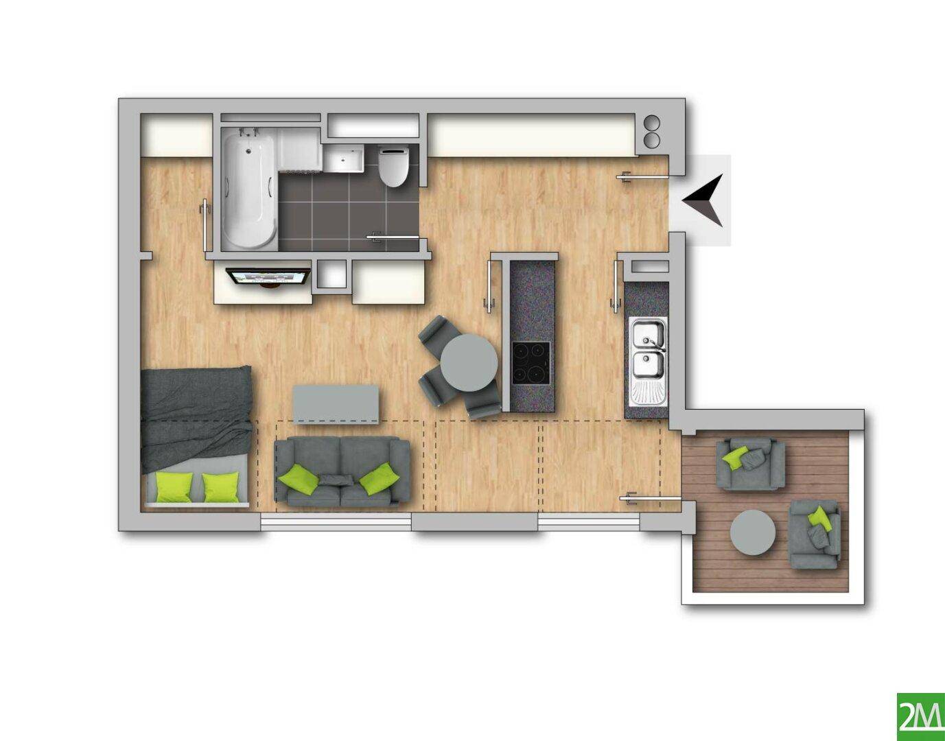 Grundriss einer modernen Einzimmerwohnung mit offenem Wohnbereich, integrierter Küche, Bad und Balkon.