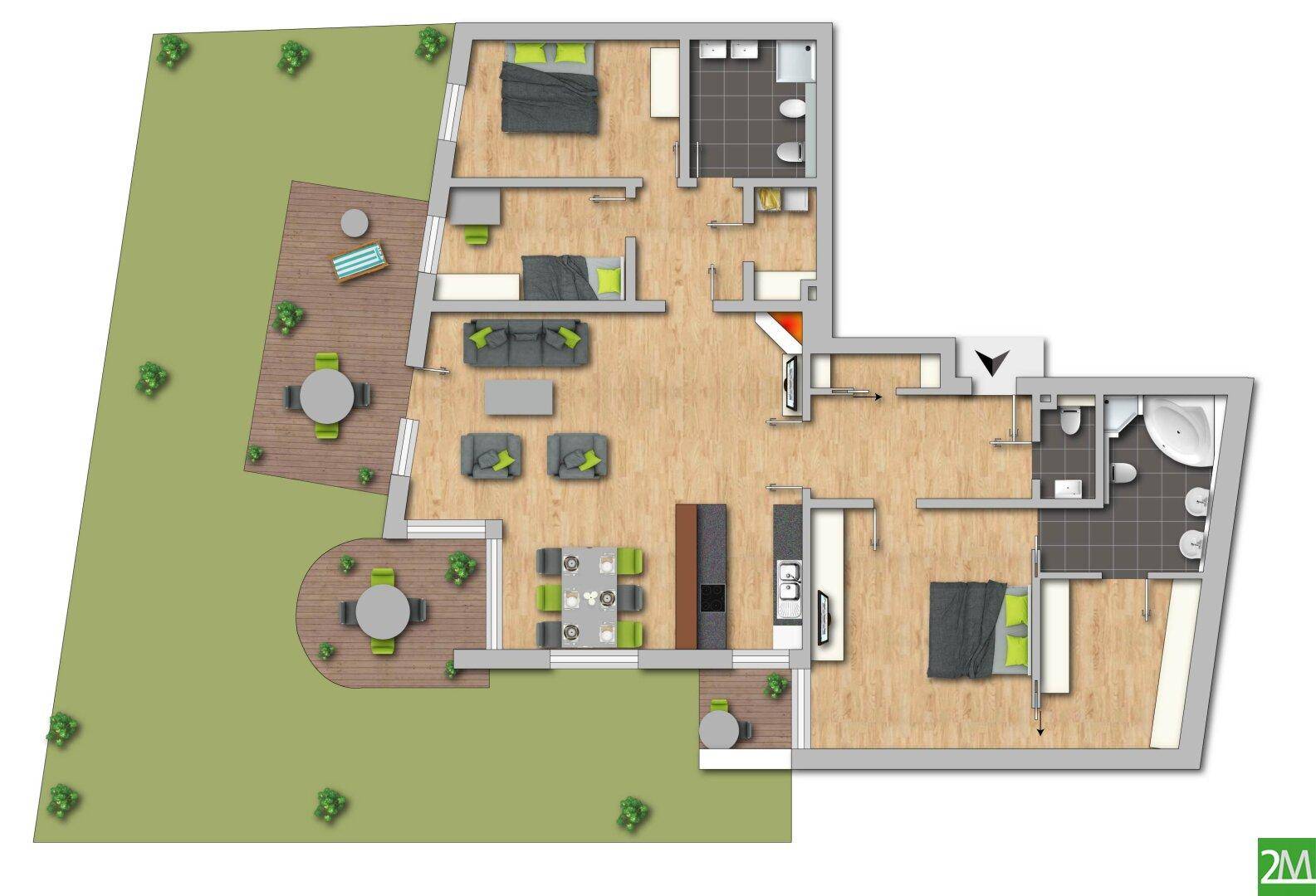 Detaillierter Grundriss einer modernen Wohnung mit drei Schlafzimmern, zwei Bädern und Zugang zu zwei Terrassen und Garten.