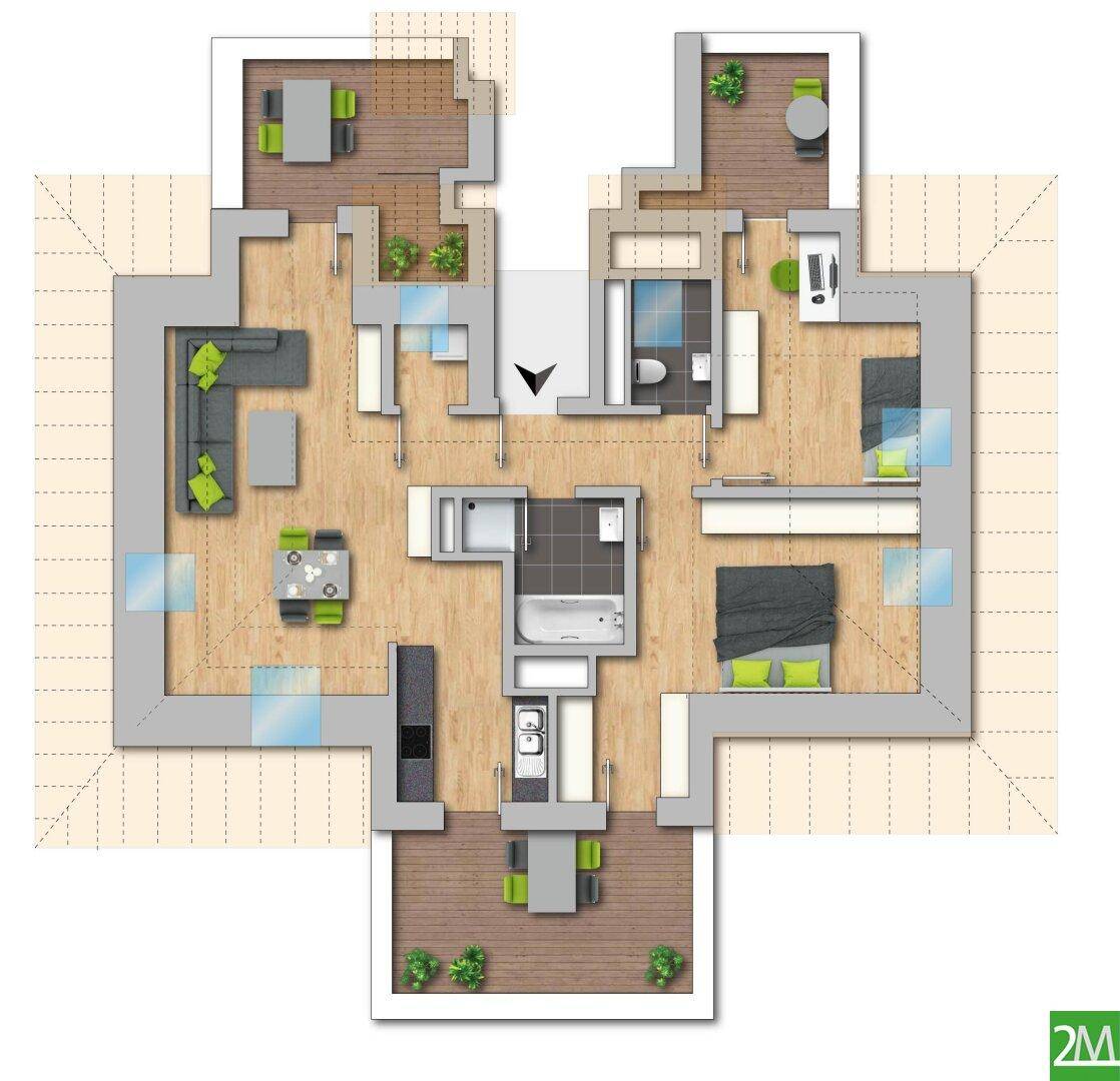 Detaillierter Grundriss einer Wohnung mit offenem Wohnbereich, zwei Bädern und mehreren Terrassen.