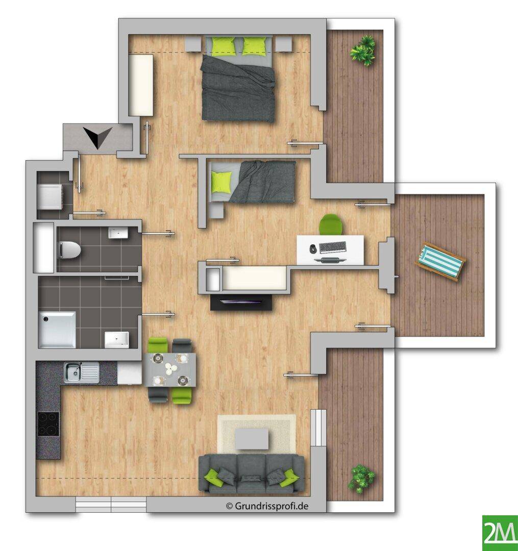 Möblierter Grundriss einer Wohnung mit zwei Schlafzimmern, offenem Wohnbereich und mehreren Balkonen.
