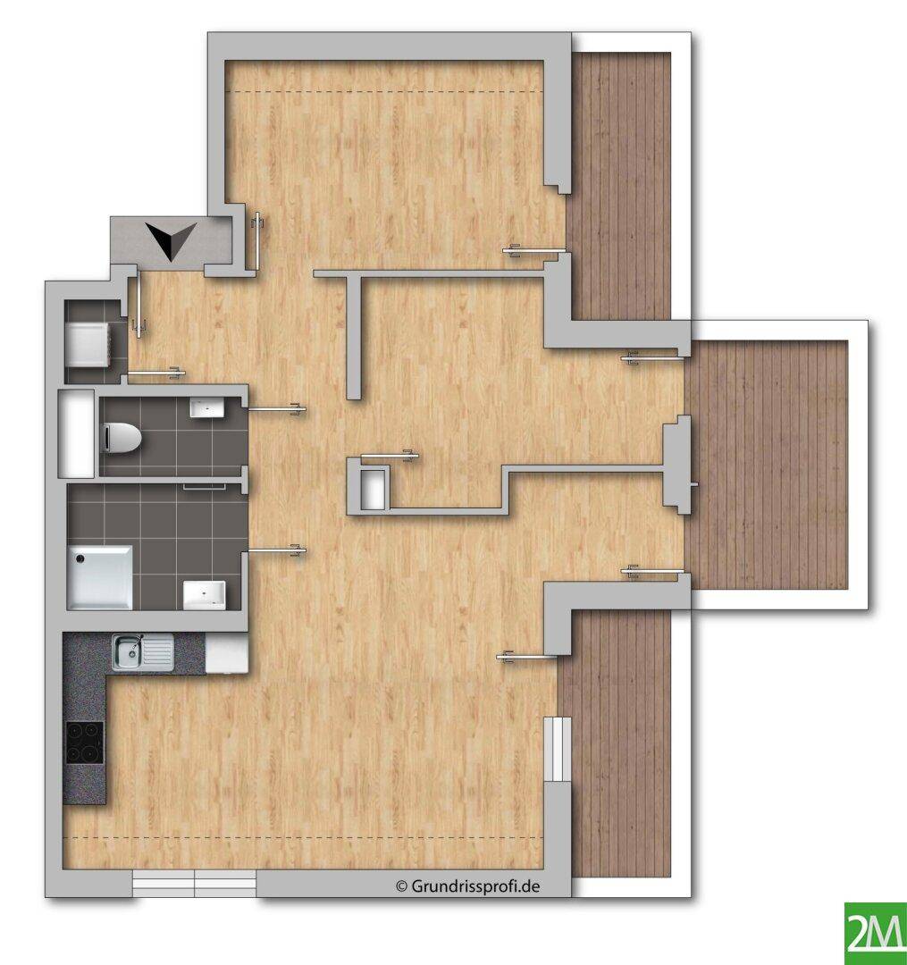 Unmöblierter Grundriss einer Wohnung mit offenem Wohnbereich und Balkonzugängen.