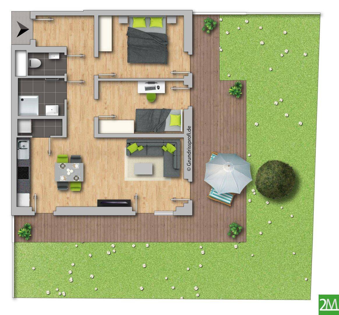 Möblierter Grundriss mit offenem Wohnbereich, zwei Schlafzimmern, Bad, Küche und großer Terrasse mit Garten.