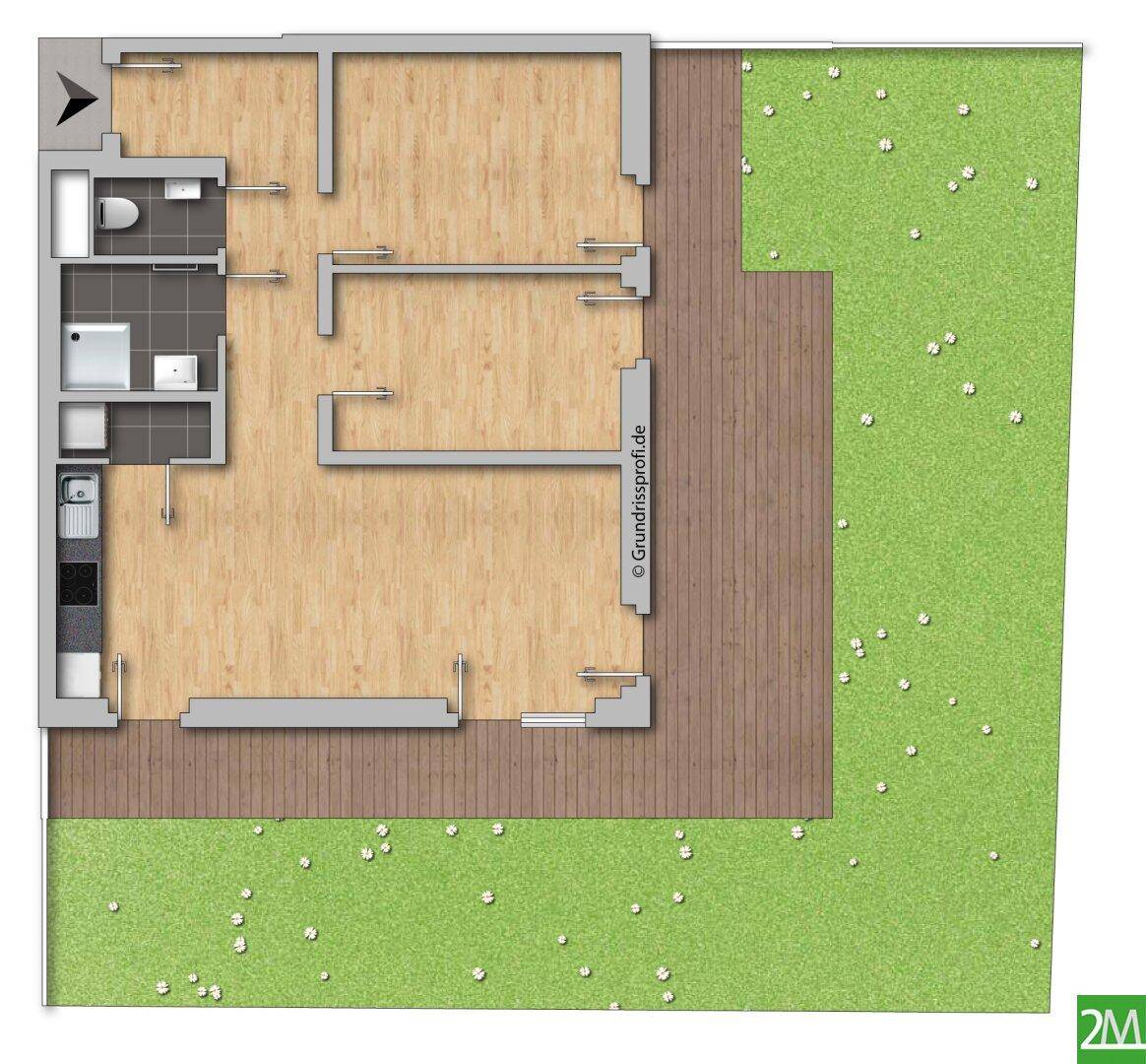 Unmöblierter Grundriss mit offenem Wohnbereich, zwei Schlafzimmern, Bad, Küche und großer Terrasse mit Garten.
