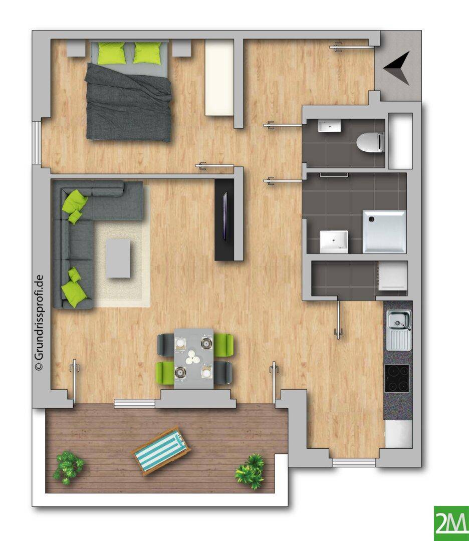 Möblierter Grundriss einer Wohnung mit Schlafzimmer, offenem Wohnbereich, Küche und Balkon.