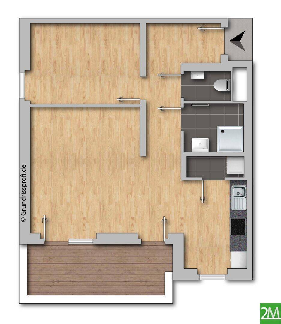 Unmöblierter Grundriss einer Wohnung mit Schlafzimmer, Wohnbereich, Küche, Bad und Balkon.