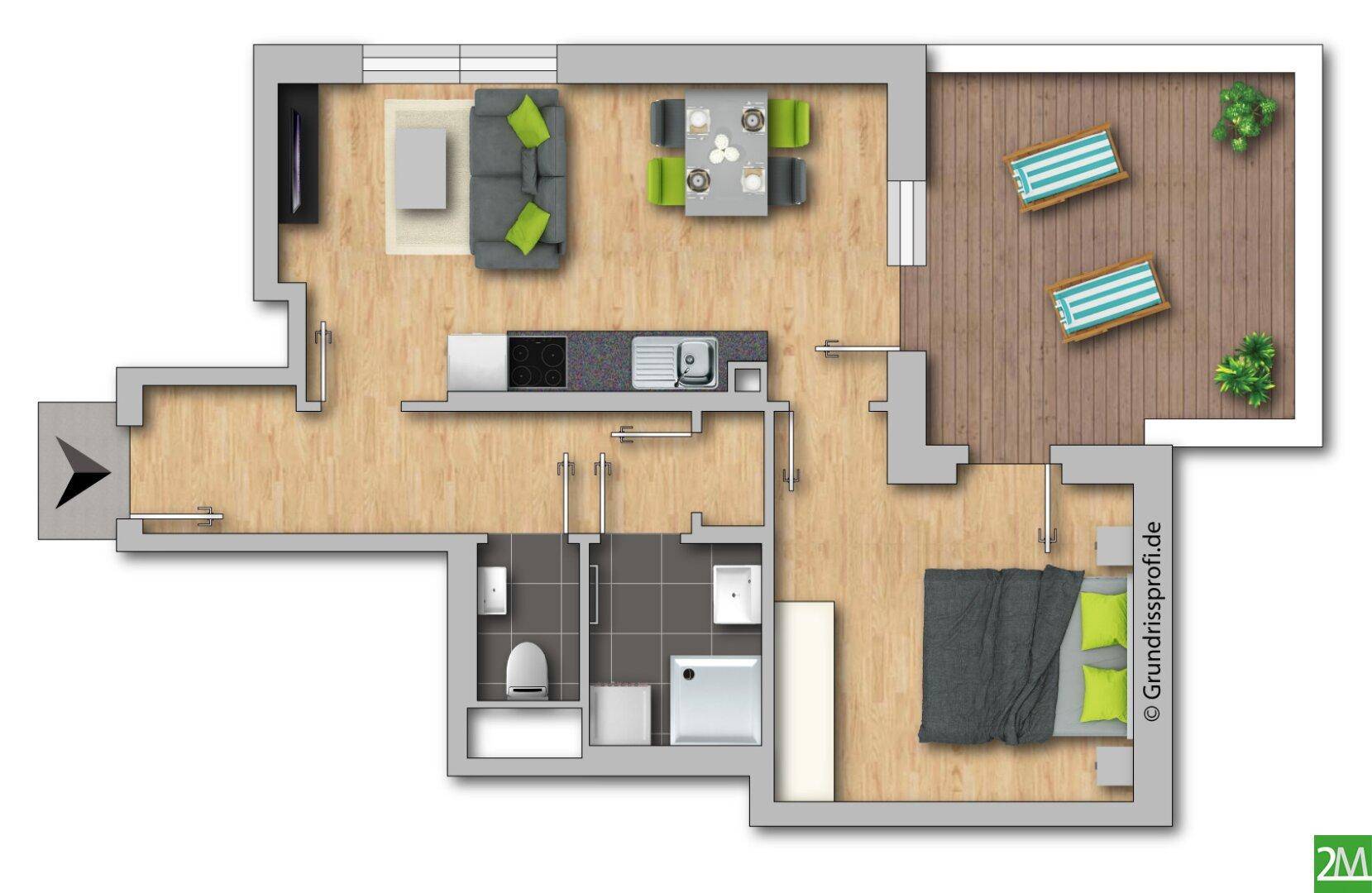 Möblierter Grundriss einer modernen Wohnung mit offenem Wohnbereich, Schlafzimmer und großem Balkon.