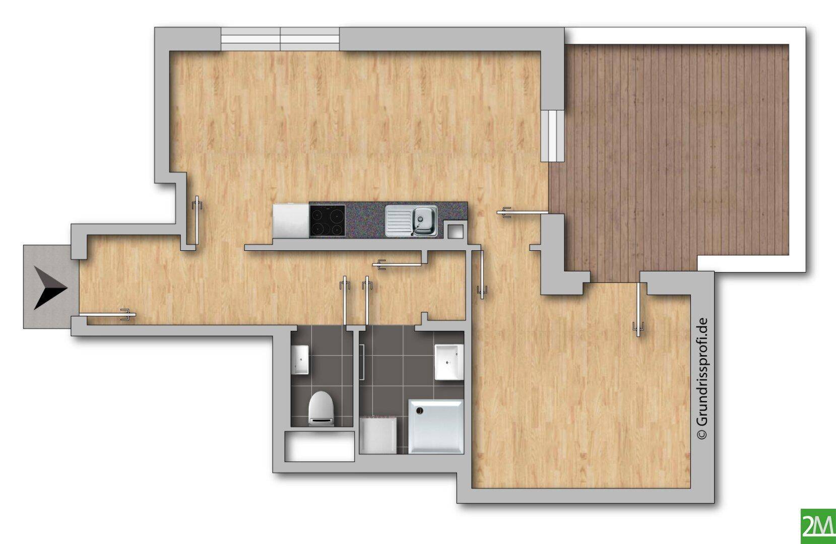 Unmöblierter Grundriss einer modernen Wohnung mit offenem Wohnbereich, Schlafzimmer und großem Balkon.