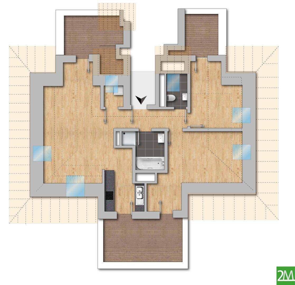 Grundriss einer Dachgeschosswohnung mit offenem Wohnbereich, zwei Bädern und drei Balkonen/Terrassen.