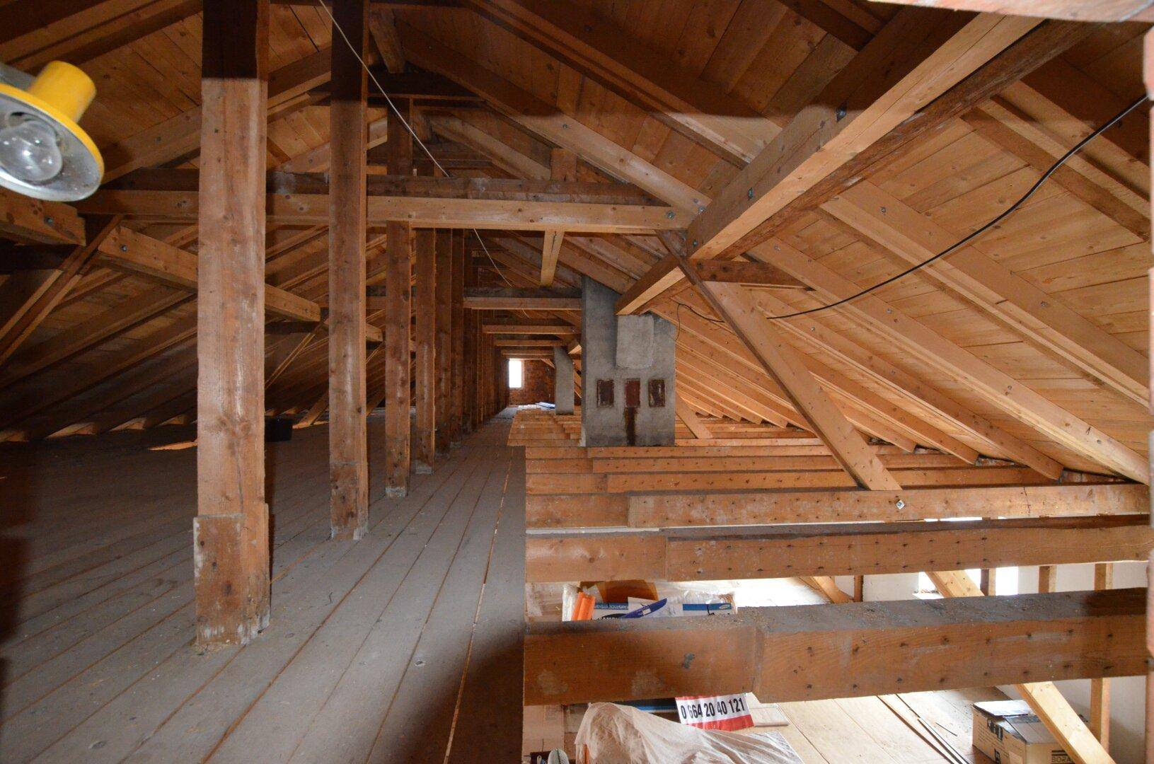 Langer, unfertiger Dachboden mit zahlreichen sichtbaren Holzbalken und weitläufiger Dachkonstruktion.