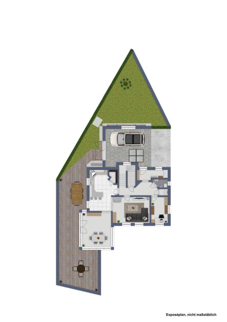 Grundriss des Erdgeschosses mit Garten, Terrasse und integrierter Garage.