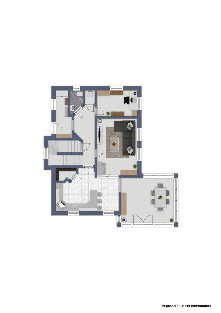 Grundriss des Erdgeschosses mit offenem Wohnbereich, Küche und Terrasse.