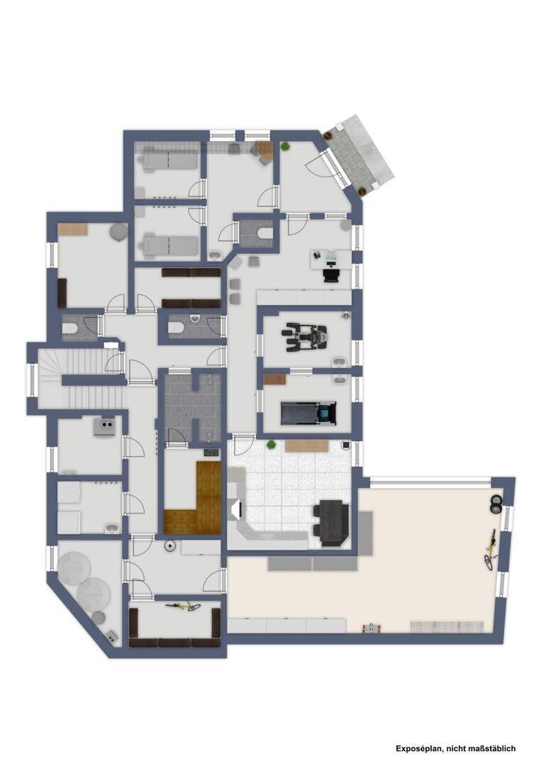 Detaillierter Grundriss einer großen Immobilie mit mehreren Zimmern und Fitnessbereich.