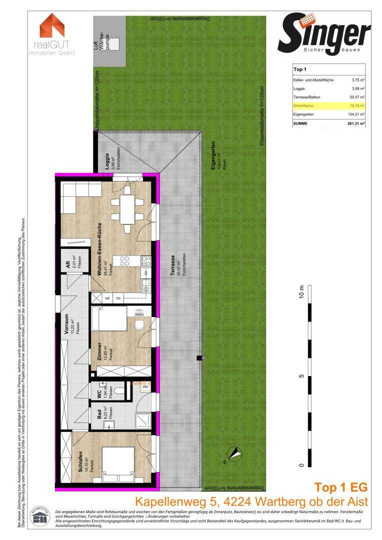 Grundriss für Top 1 im Erdgeschoss mit Wohn-Ess-Küche, Terrasse und eigenem Garten.
