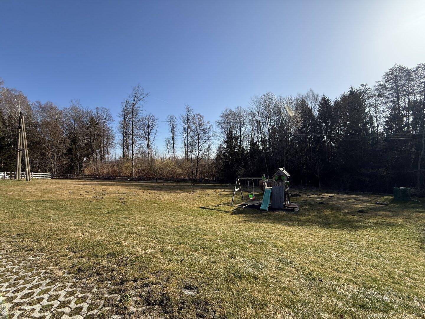 Große Rasenfläche mit Kinderspielplatz, umgeben von Bäumen und Natur.
