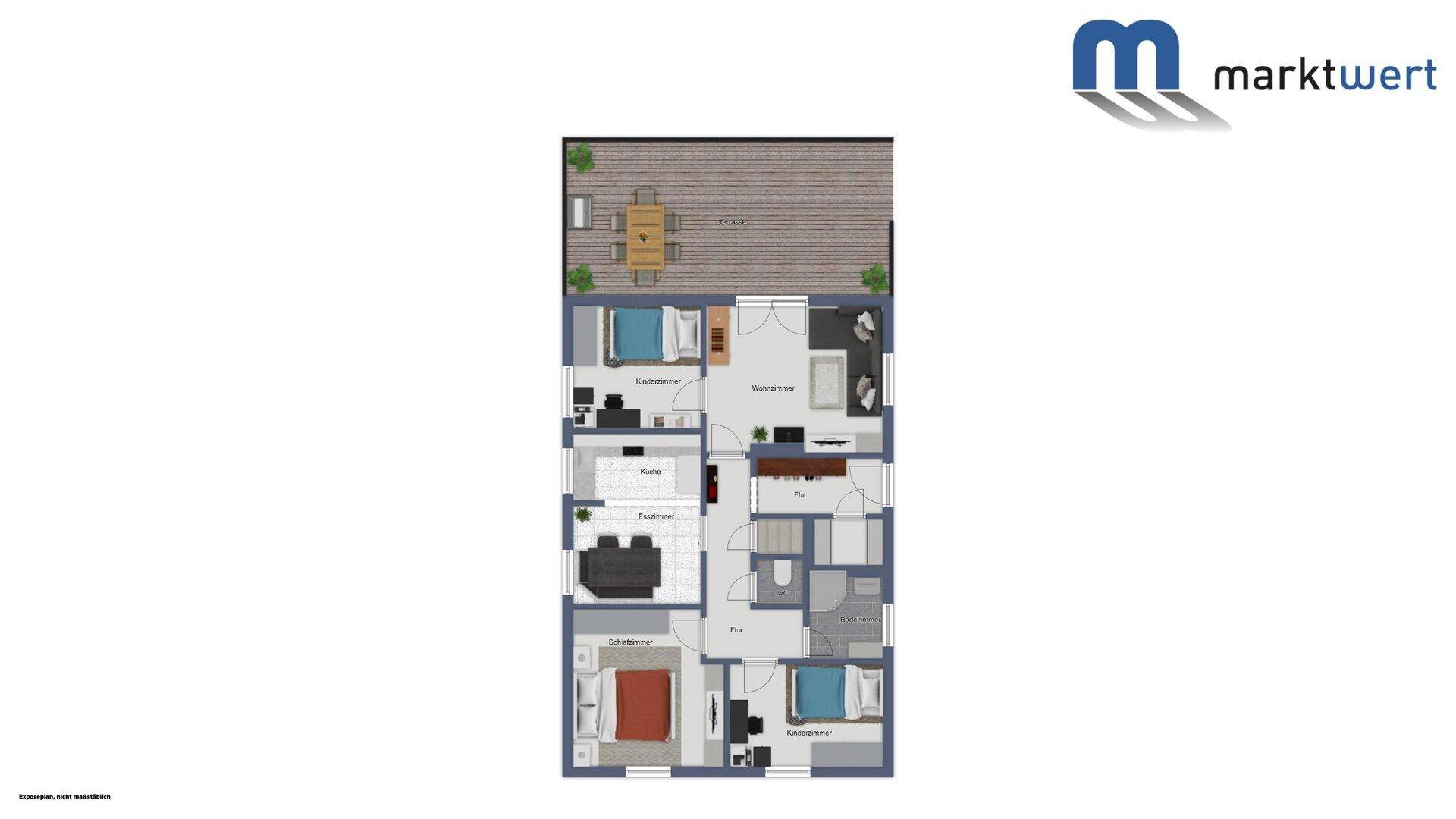 Grundriss des Obergeschosses mit Schlafzimmern, Bad und großer Dachterrasse.