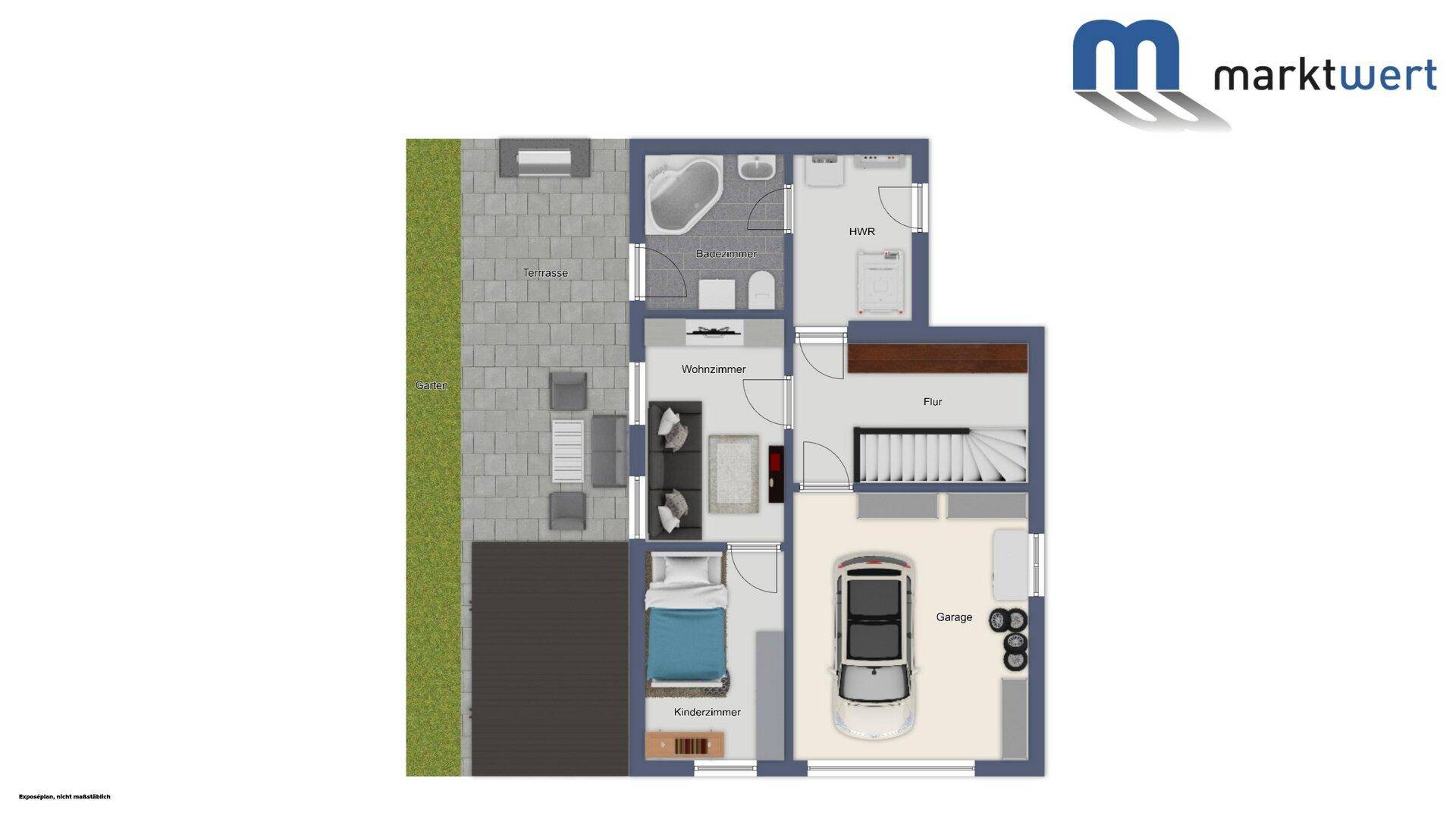 Grundriss des Erdgeschosses mit Wohnzimmer, Kinderzimmer, Bad und Garage.