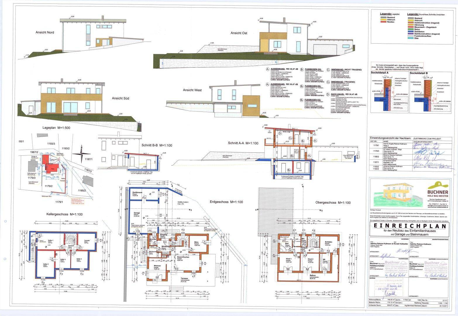 Architektonische Pläne mit Ansichten, Schnitten und Grundrissen des Gebäudes.