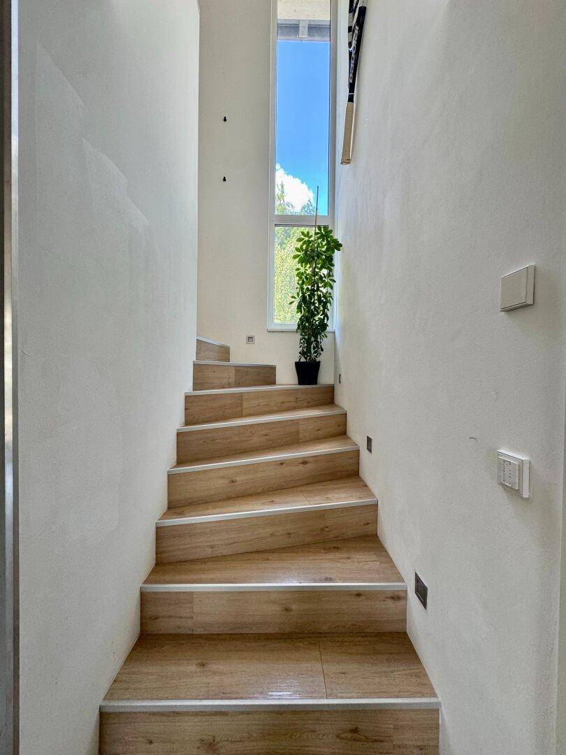 Heller Treppenaufgang mit Holzstufen und hohem Fenster für viel natürliches Licht.