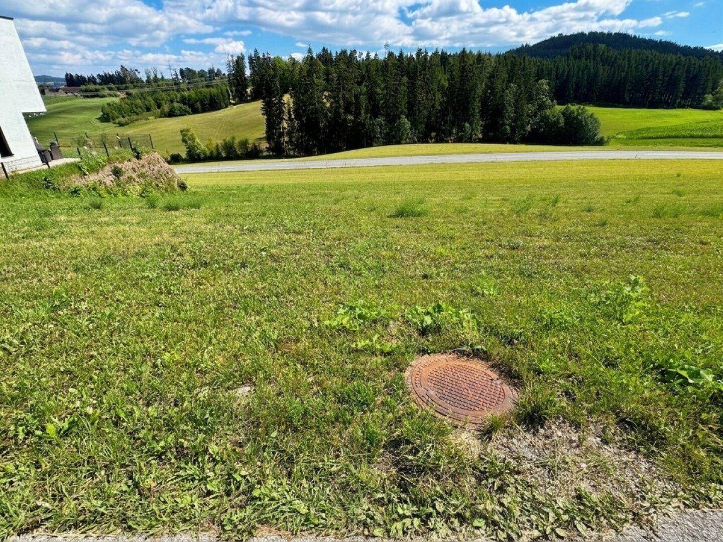 Grüne Wiese mit einem Kanaldeckel im Vordergrund und ländlicher Landschaft im Hintergrund.