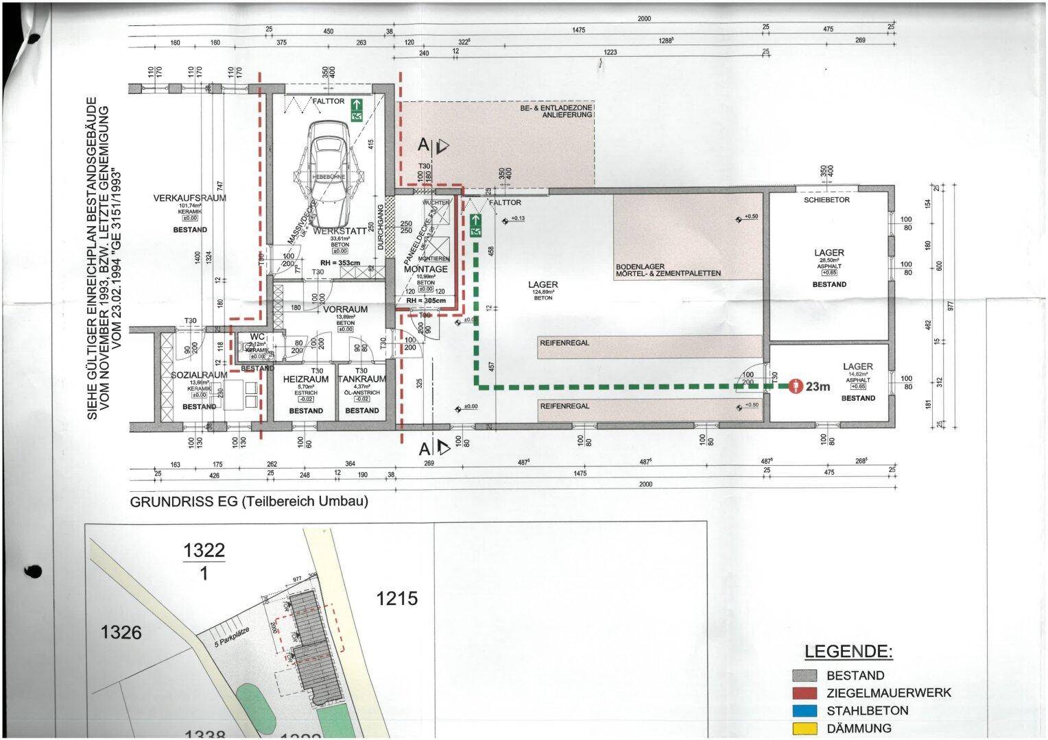 Grundriss des Erdgeschosses mit Verkaufsraum, Werkstatt und Lagerräumen.